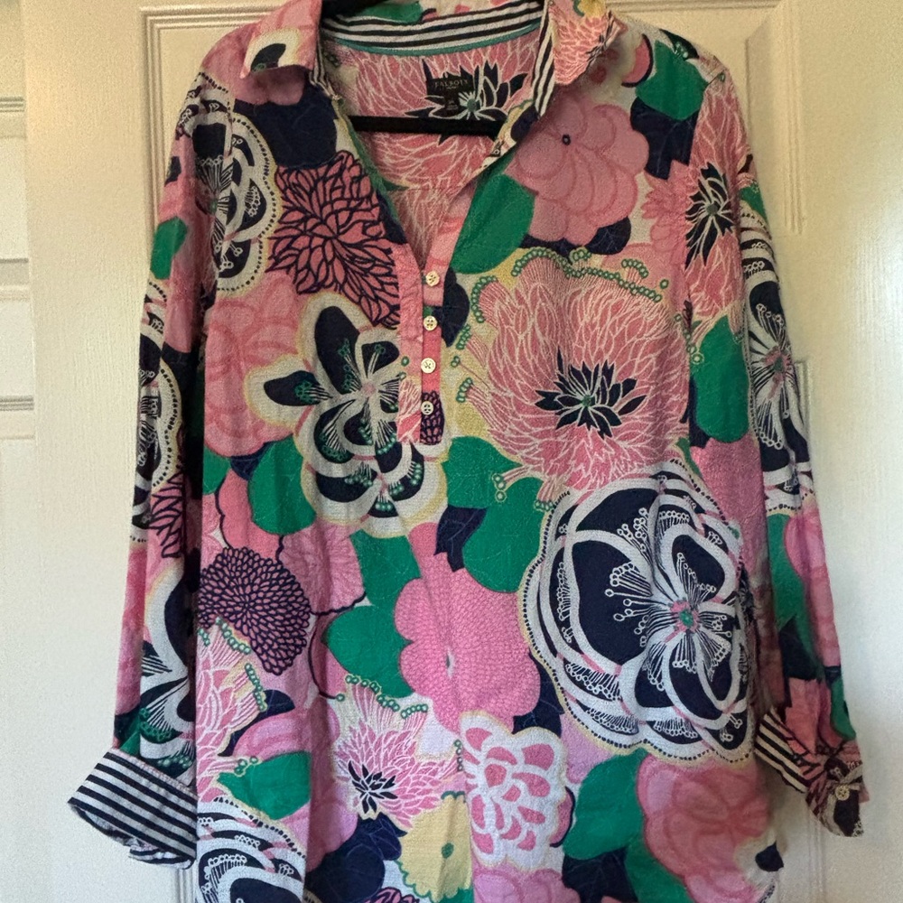 Talbots Pink and Green Floral Button-Front Blouse